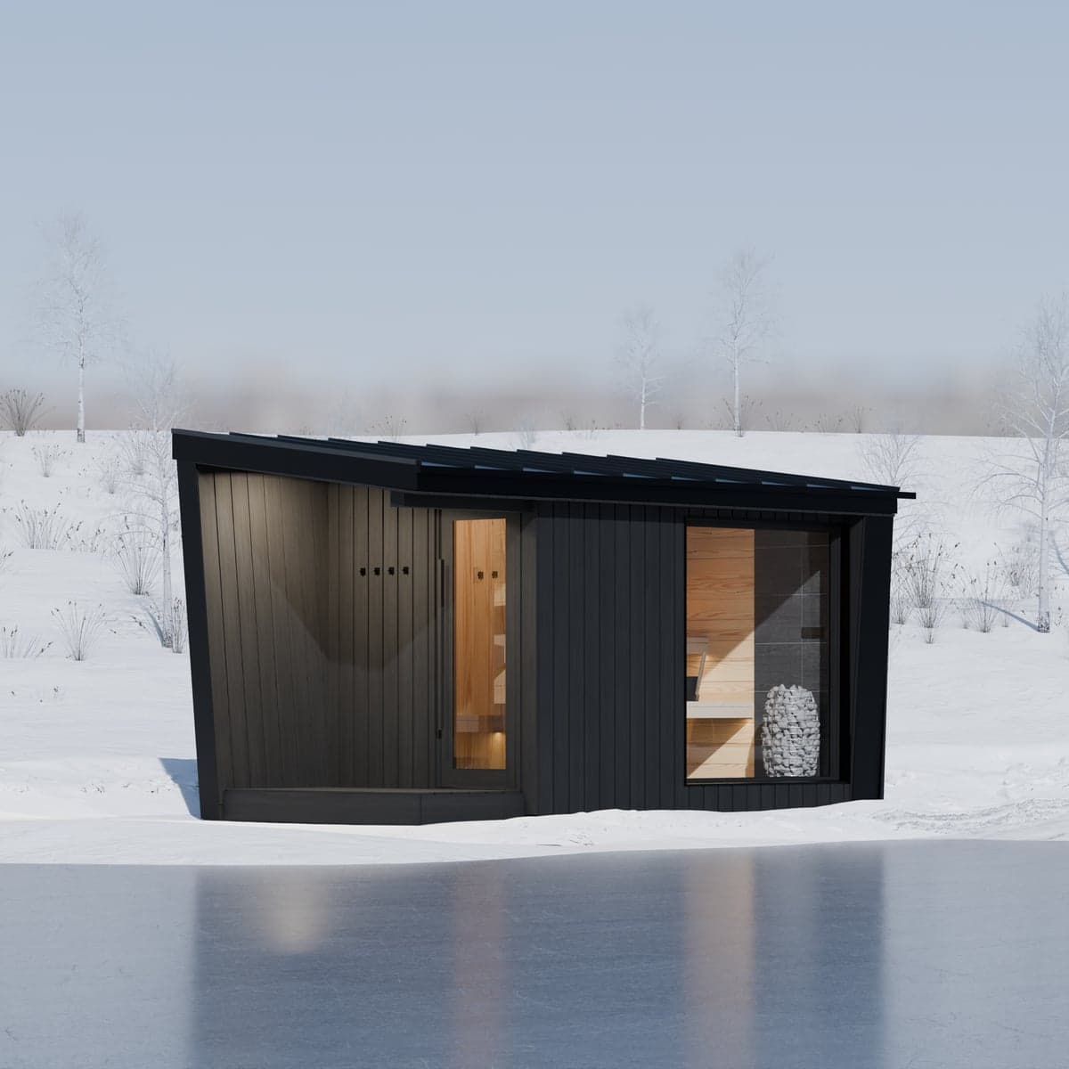 Sauna Ikigai 7 gezien over een bevroren meer, de volledige lengte en het panoramaraam weerspiegeld in het ijs