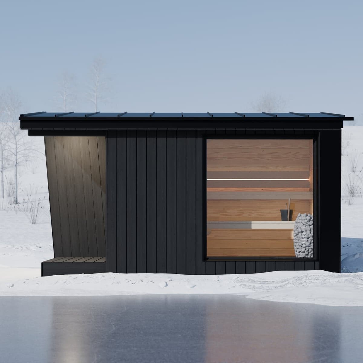 Sauna Ikigai 7 in open sneeuw met glooiende heuvels erachter, espen banken en kachel gloeiend door het raam