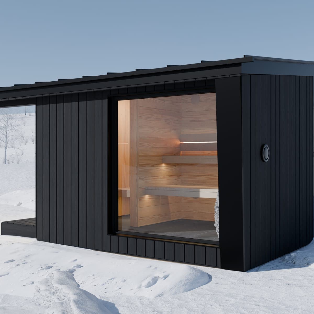 Close-up driekwart aanzicht van Sauna Ikigai 7, met de ronde deurgreep en het panoramaraam op de banken