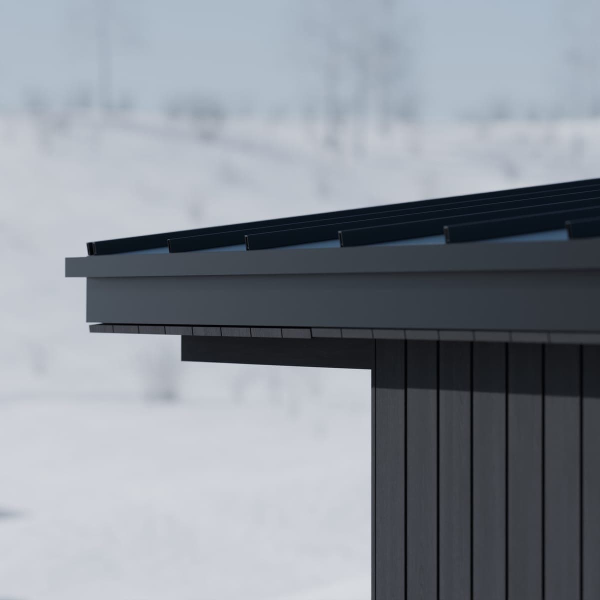 Detail van de staande naad dakrand van Sauna Ikigai 7 en de donkere thermo grenen bekleding tegen een besneeuwde achtergrond