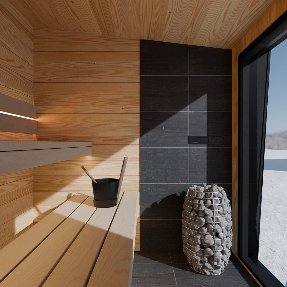 Interieur van Sauna Ikigai 7: espen banken, kachel op donkere leisteen en een raam op het bevroren meer