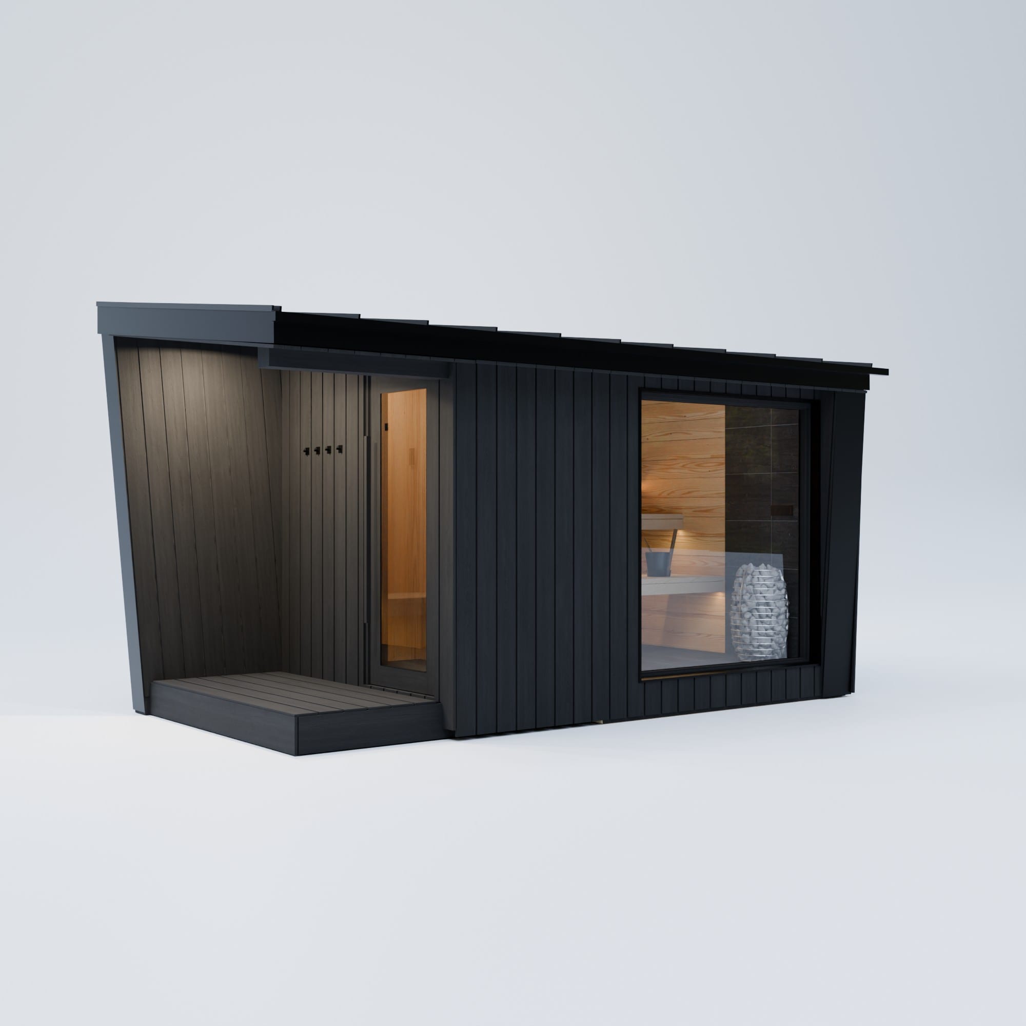 Sauna Ikigai 7 - Gartensauna aus schwarzer Thermo-Kiefer mit geschlossenem Vorraum neben dem verglasten Saunaraum